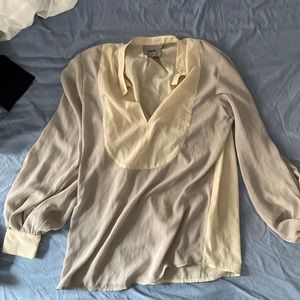 ASOS blouse long sleeve with billowing sleeves — cream and grey block design